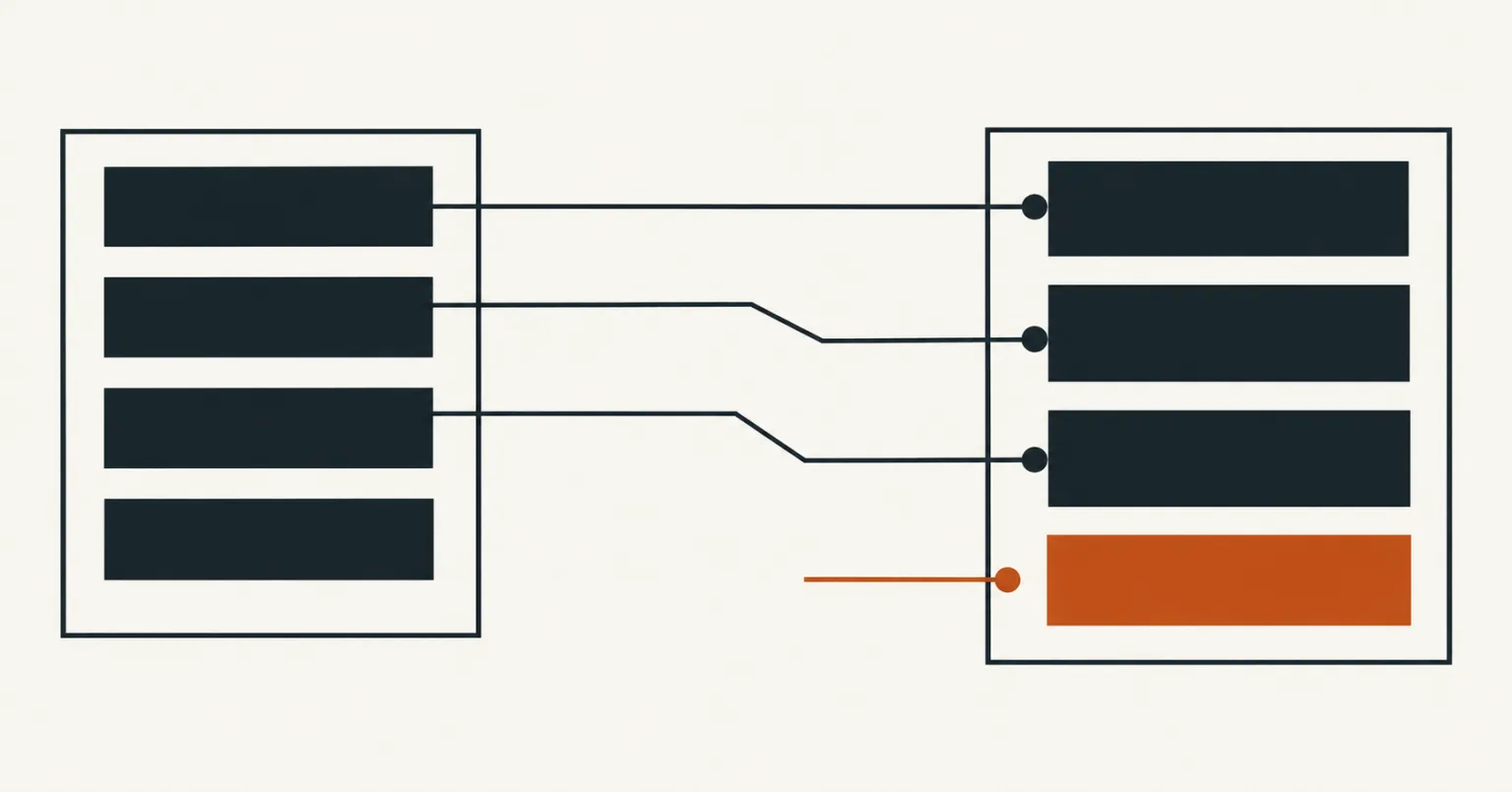 Three slate description blocks connect to fields in a source record, while an orange fourth block has no connection back to the record.